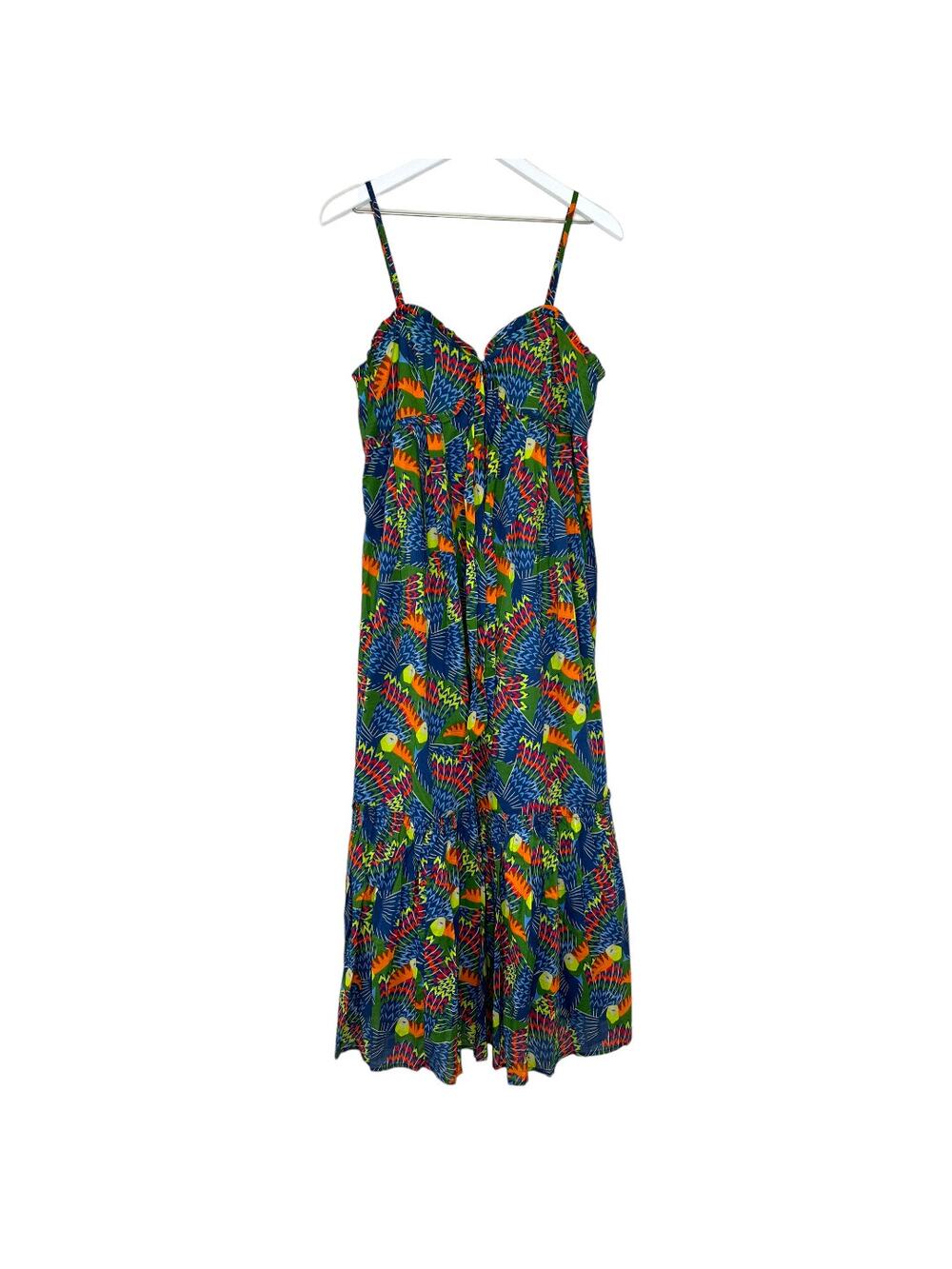 NWT Farm Rio Tropical Print Midi Dress Ruffle Bust Spaghetti Strap Size Small